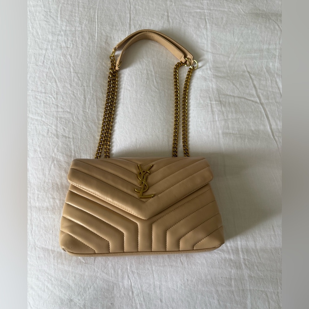 Nude chevron quilted purse with gold chain handles